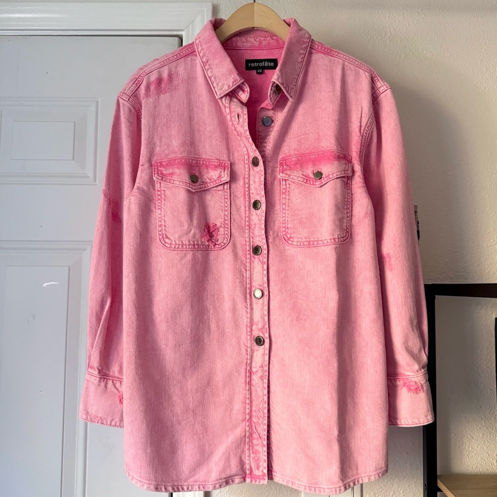 RETROFETE pink stone acid wash distressed denim cotton button up shacket shirt